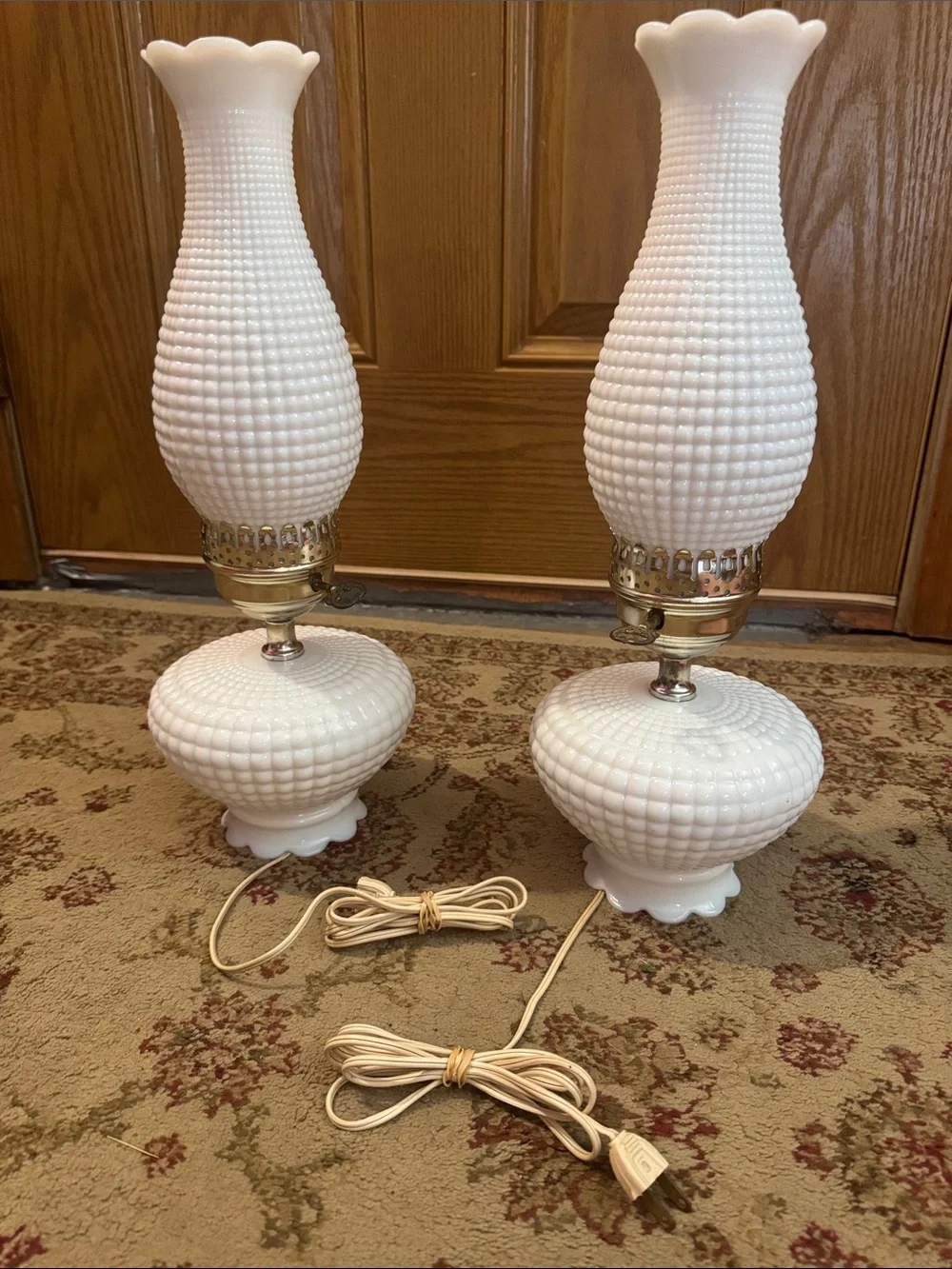 VTG 50’s White Milk Glass Hobnail Pattern Lantern-Style Table Lamps, Pair 17”
